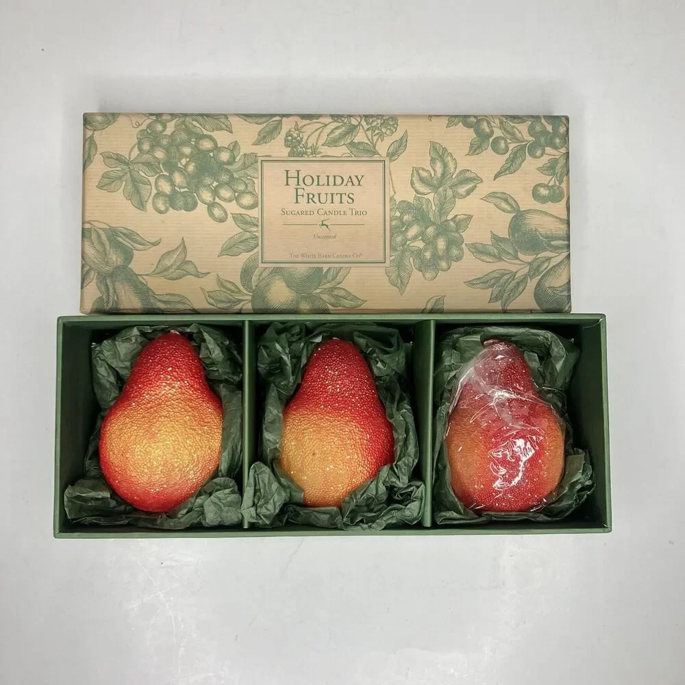 3 Holiday Fruits SUGARED PEAR CANDLES Unscented The White Barn Candle Co. In Box
